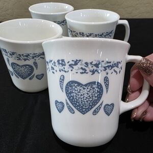 1980's Corning Corelle White Blue Sponge Hearts Coffee Cups Mugs x 4